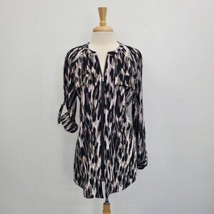 Rock & Republic Animal Print Full Zip Top Size L Black Gray Roll Tab Sleeve